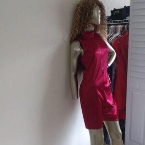 Burgundy silkish material jumpsuit size large turtleneck like collar